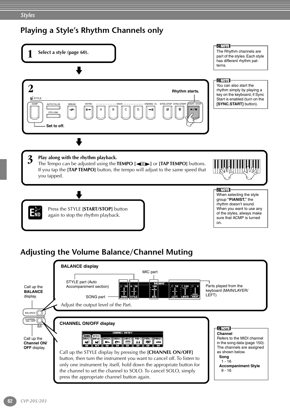 Playing a style’s rhythm channels only, Adjusting the volume balance/channel muting, P. 62 | Styles | Yamaha 205M  EN User Manual | Page 62 / 170