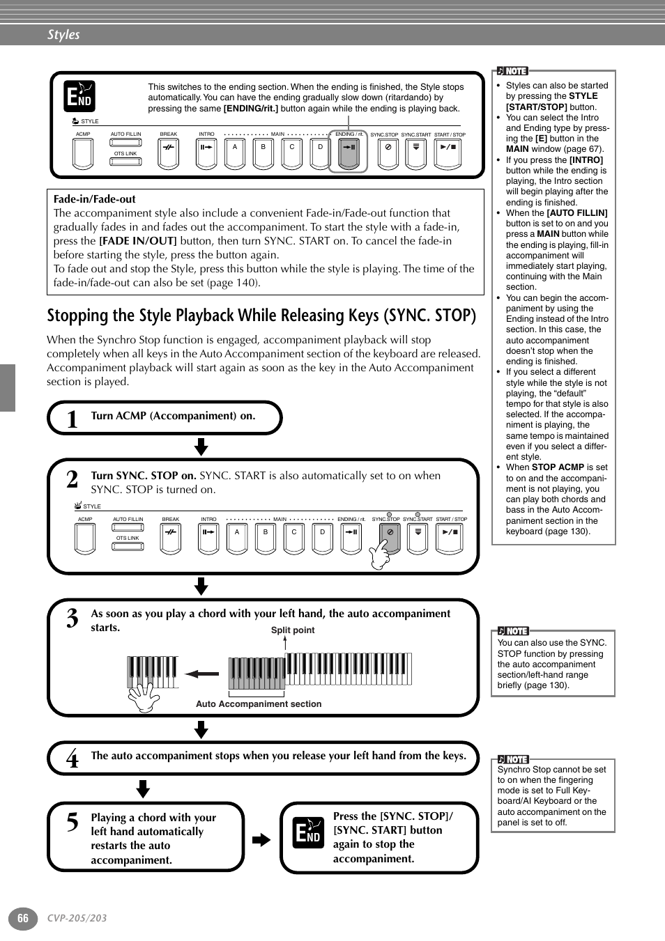 Stopping the style playback while releasing keys, Sync. stop), P. 66 | Styles | Yamaha 205M  EN User Manual | Page 66 / 170