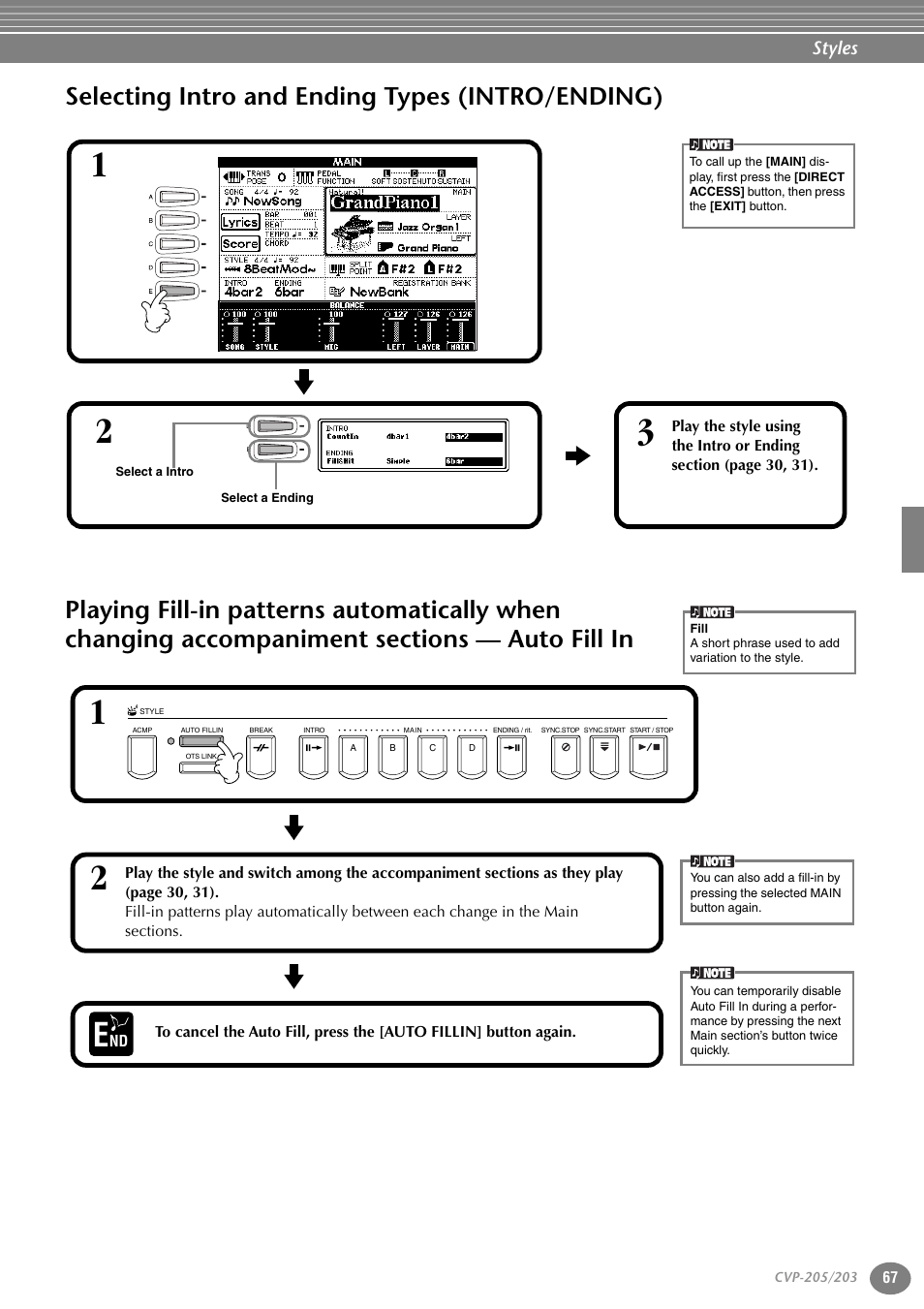 Selecting intro and ending types (intro/ending), Accompaniment sections — auto fill in, P. 67 | Yamaha 205M  EN User Manual | Page 67 / 170