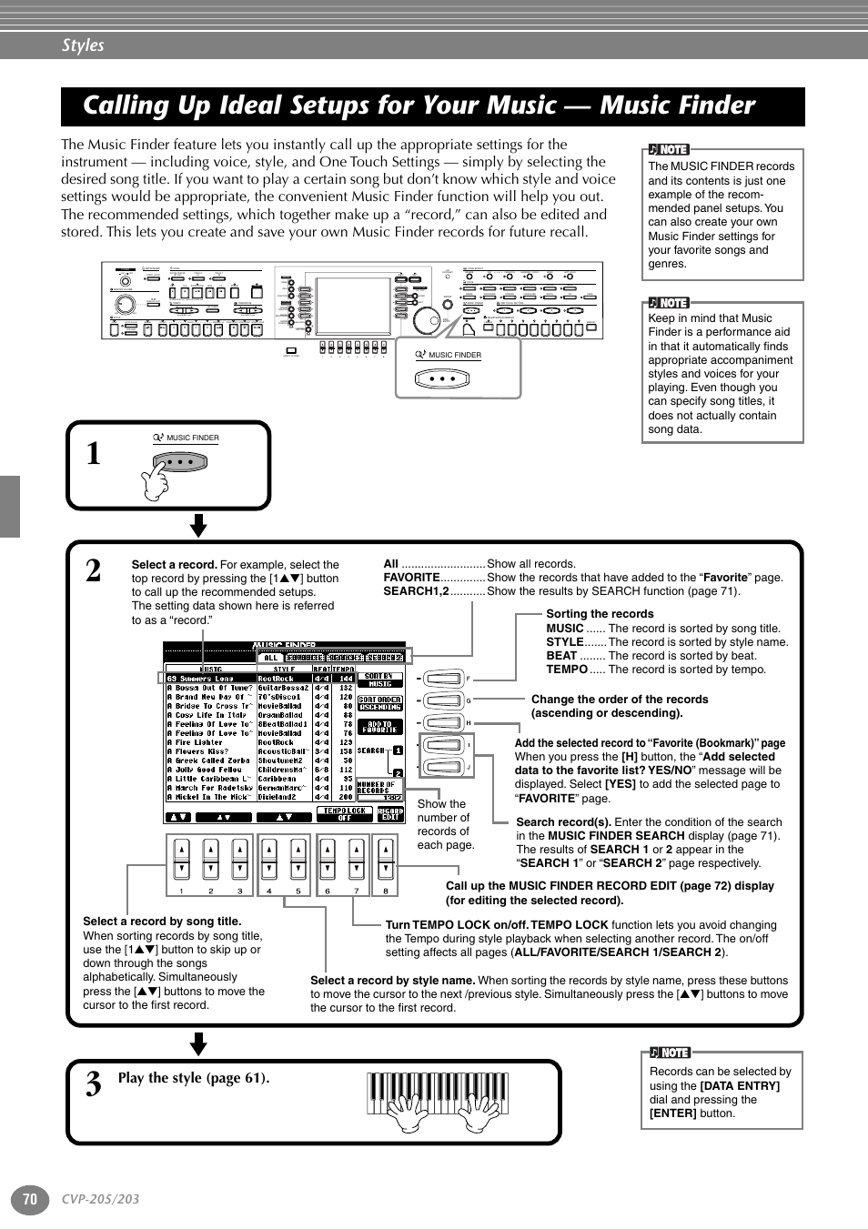 Calling up ideal setups for your music, Music finder, P. 70 | Styles, Pla y the style (page 61), New song, Sync.start reset, Reset, Ab c d e, Part | Yamaha 205M  EN User Manual | Page 70 / 170