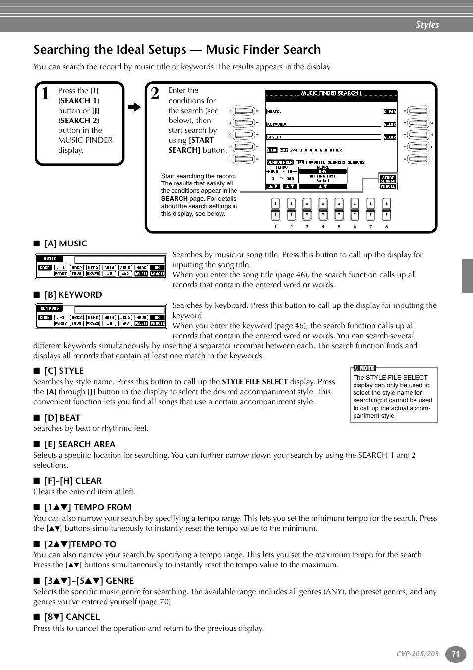 Searching the ideal setups — music finder search, A] music, B] keyword | C] style, D] beat, E] search area, F]~[h] clear, 1st] tempo from, 2st]tempo to, 3st]~[5st] genre | Yamaha 205M  EN User Manual | Page 71 / 170