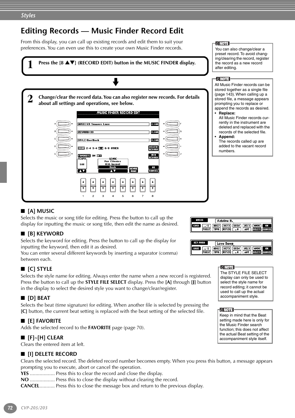Editing records — music finder record edit, A] music, B] keyword | C] style, D] beat, E] favorite, F]~[h] clear, I] delete record, Changing the touch sensitivity and transpose | Yamaha 205M  EN User Manual | Page 72 / 170