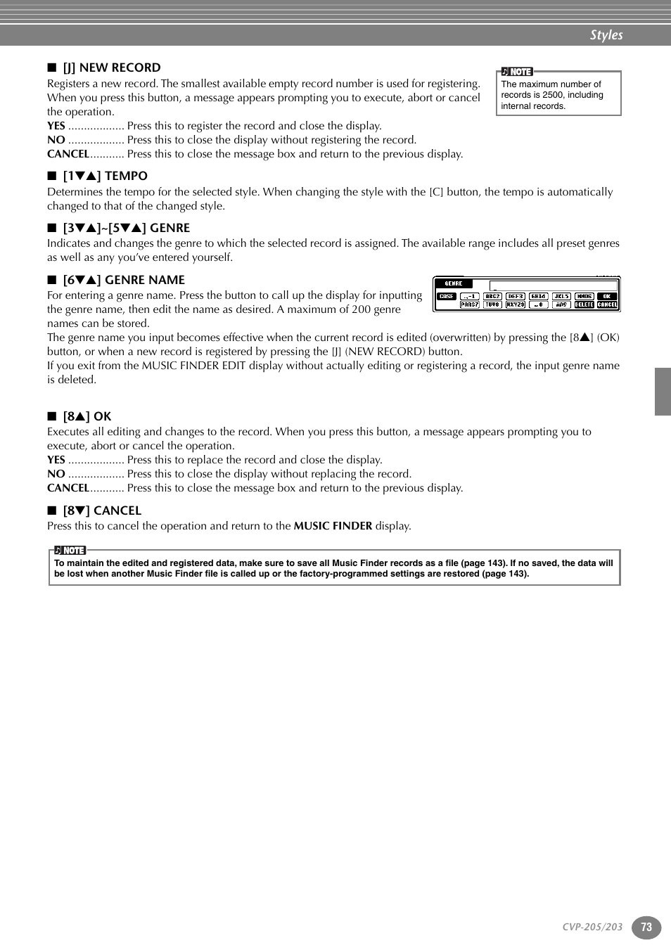 J] new record, 1ts] tempo, 3ts]~[5ts] genre | 6ts] genre name, 8s] ok, 8t] cancel | Yamaha 205M  EN User Manual | Page 73 / 170