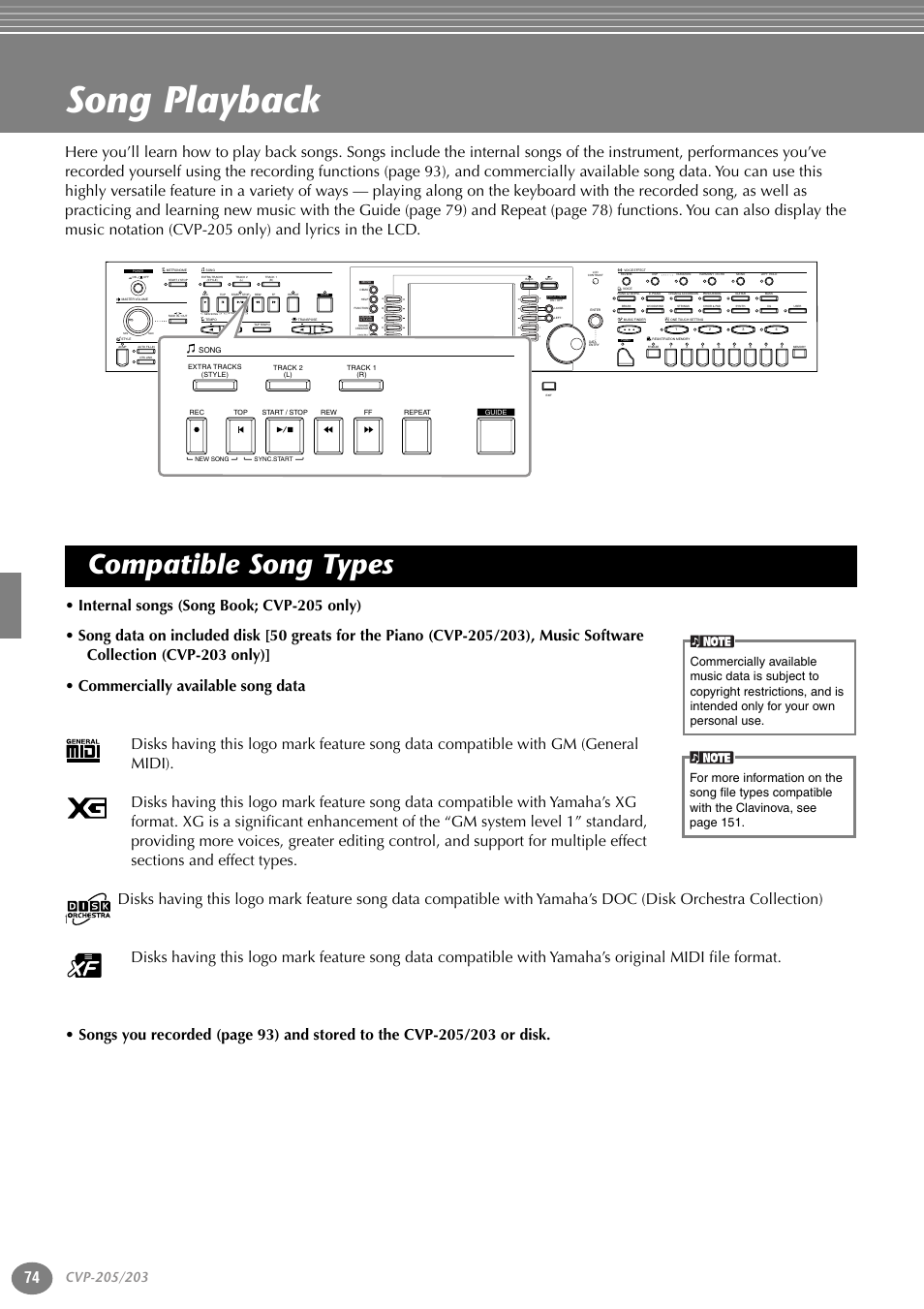 Song playback, Compatible song types, Song | Yamaha 205M  EN User Manual | Page 74 / 170