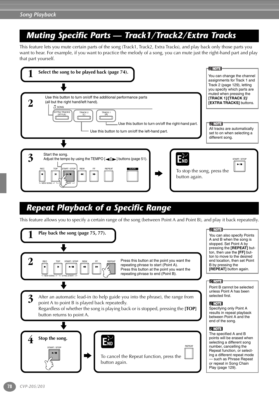 Muting specific parts — track1/track2/extra tracks, Repeat playback of a specific range, Muting specific parts | Track1/track2/extra tracks, P. 78, Song playback | Yamaha 205M  EN User Manual | Page 78 / 170