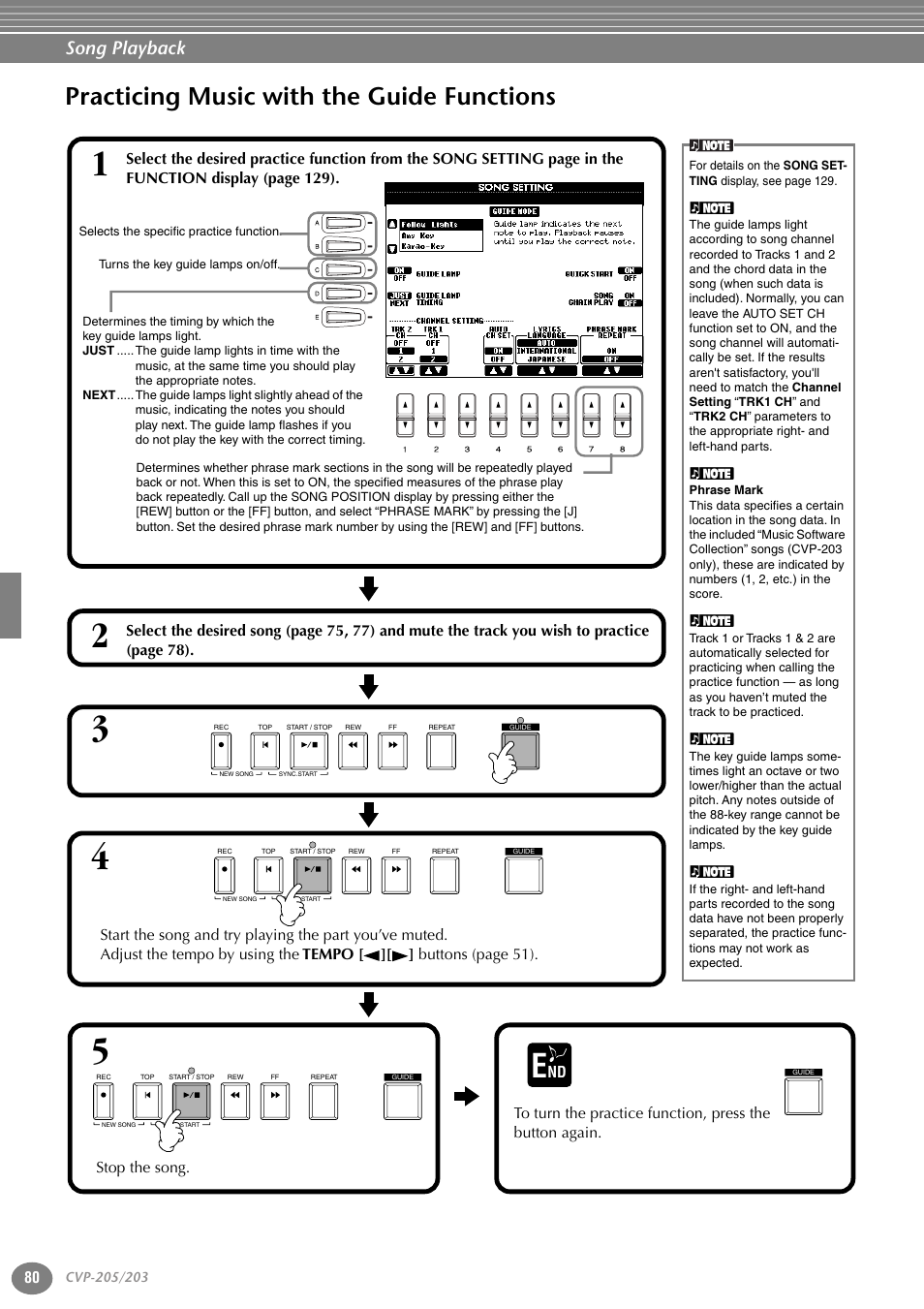 Practicing music with the guide functions, Song playback | Yamaha 205M  EN User Manual | Page 80 / 170