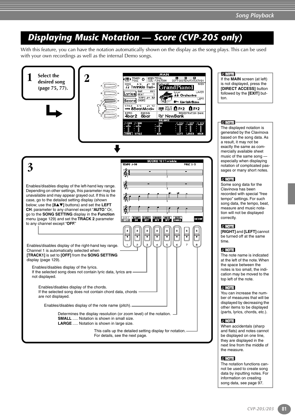 Displaying music notation — score (cvp-205 only), Displaying music notation, Score (cvp-205 only) | Yamaha 205M  EN User Manual | Page 81 / 170