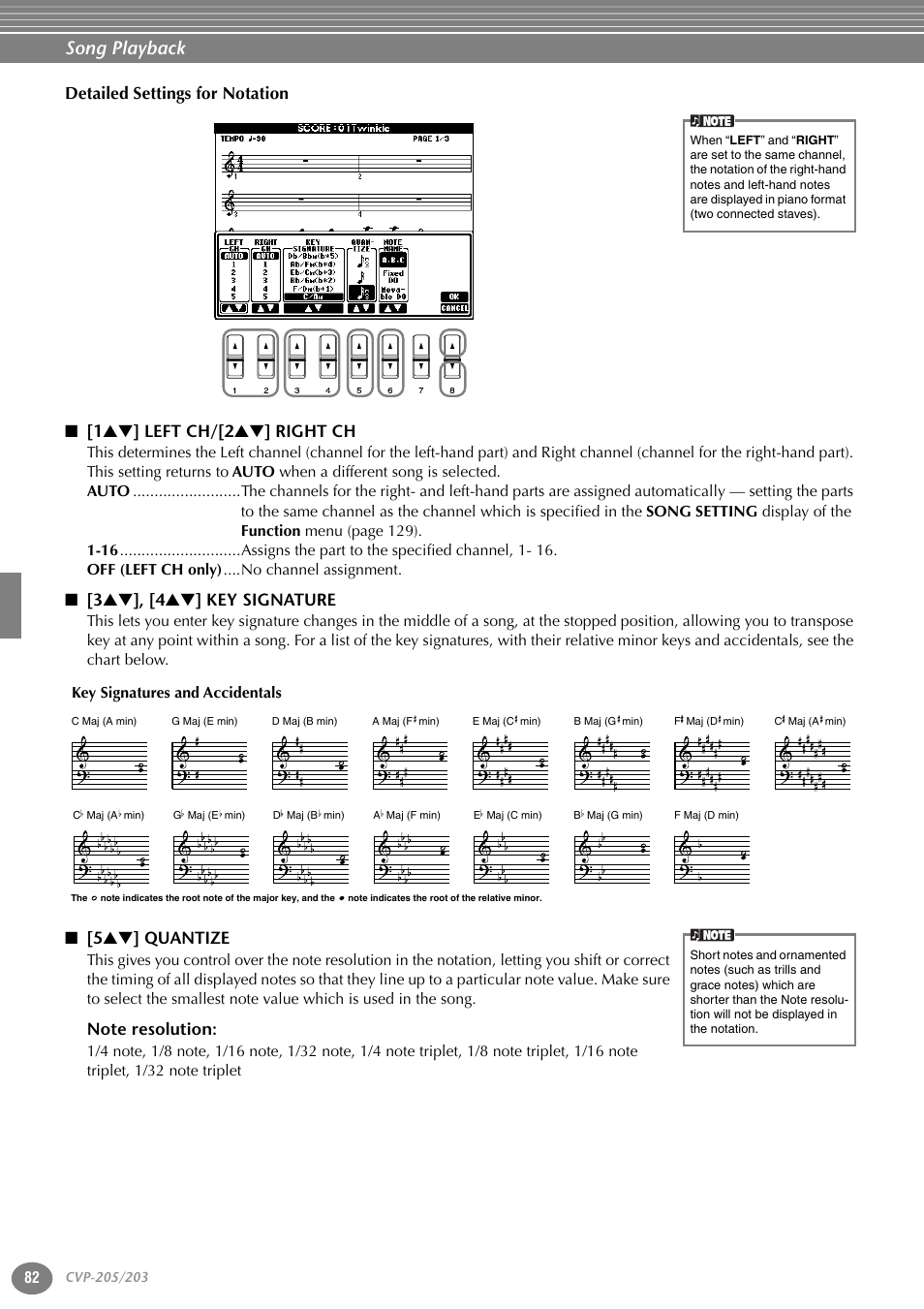 1st] left ch/[2st] right ch, 3st], [4st] key signature, 5st] quantize | Note resolution, Song playback, 3 ▲▼ ], [4 ▲▼ ] key signature, 5 ▲▼ ] quantize | Yamaha 205M  EN User Manual | Page 82 / 170