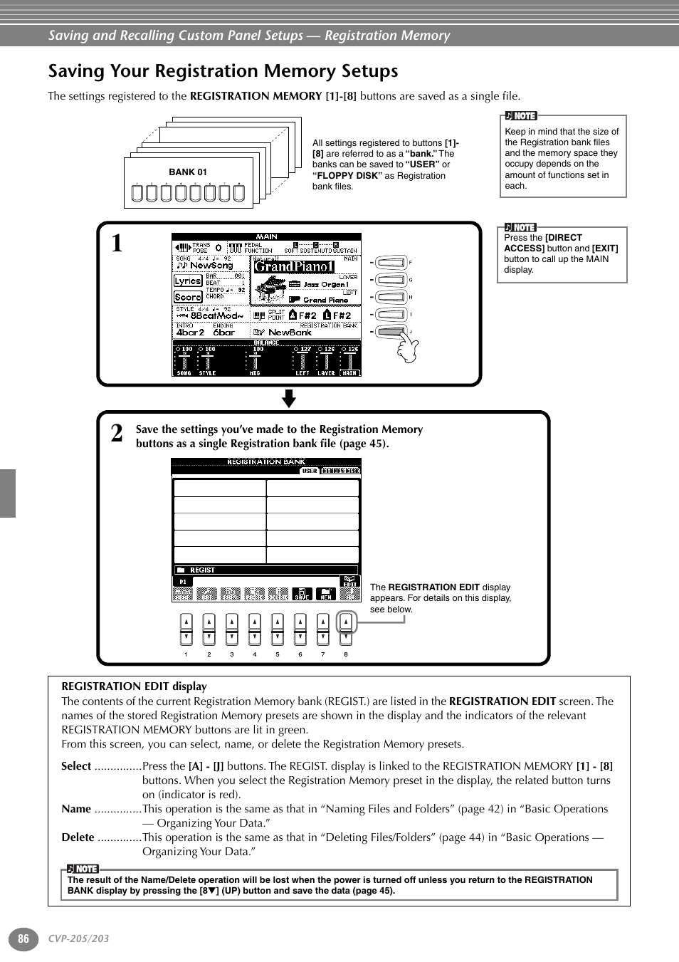 Saving your registration memory setups | Yamaha 205M  EN User Manual | Page 86 / 170