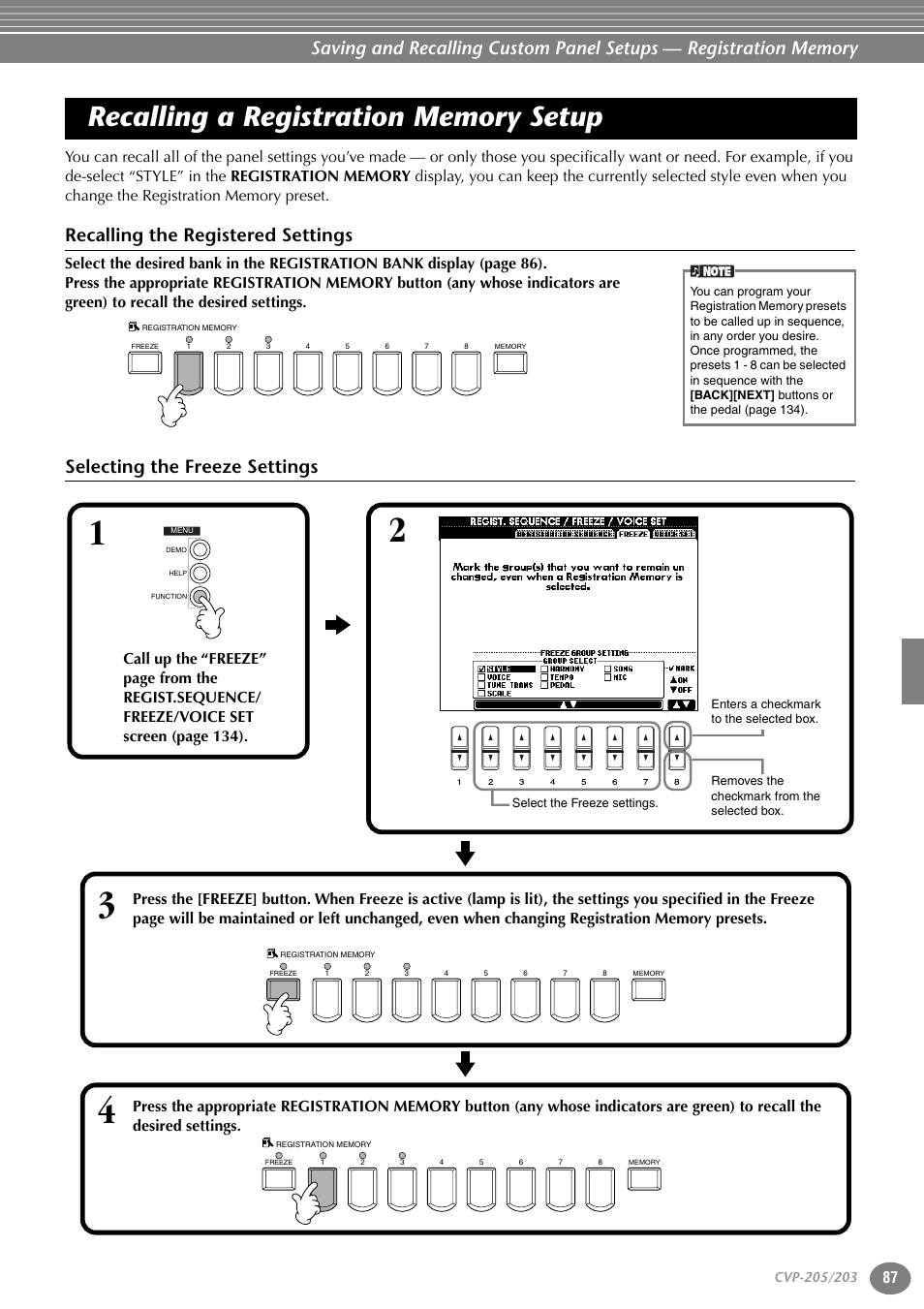 Recalling a registration memory setup, Recalling the registered settings, Selecting the freeze settings | P. 87 | Yamaha 205M  EN User Manual | Page 87 / 170