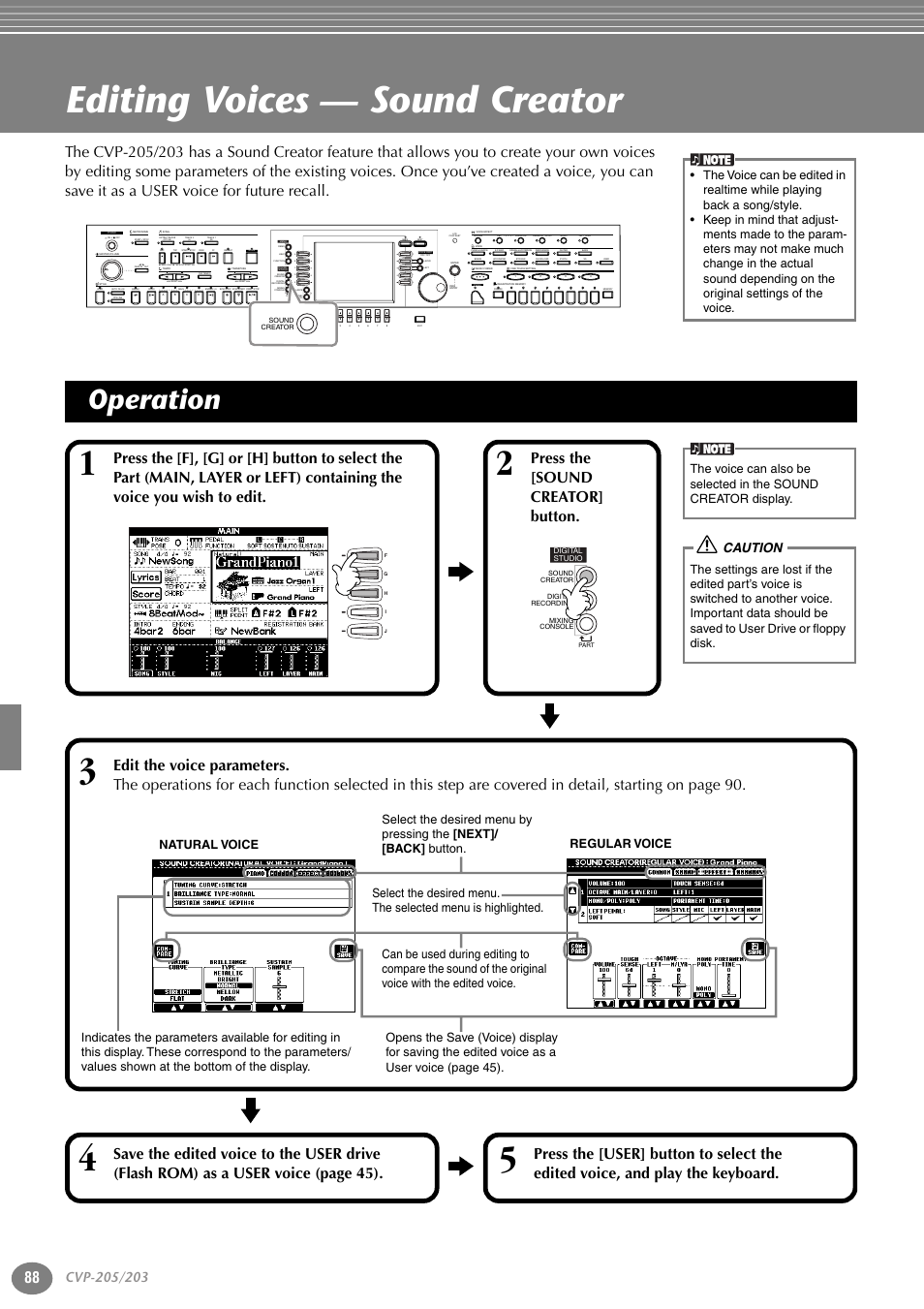 Editing voices — sound creator, Operation, P. 88 | Press the [sound creator] button, New song, Sync.start reset, Reset, Ab c d e, Part, Fg h i j | Yamaha 205M  EN User Manual | Page 88 / 170