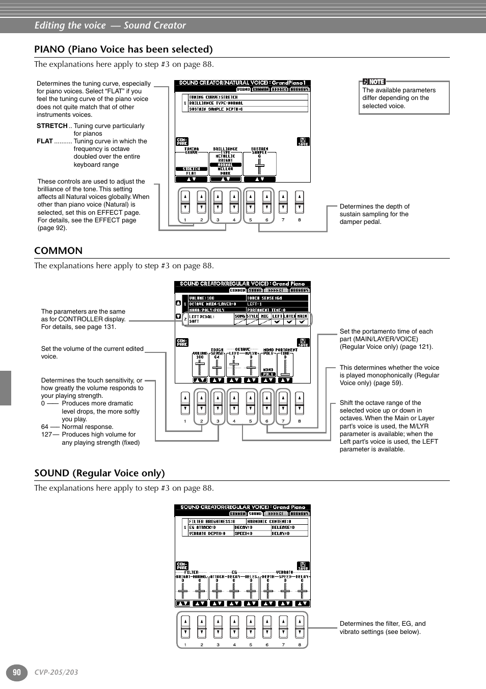 Piano (piano voice has been selected), Common, Sound (regular voice only) | Editing the voice — sound creator | Yamaha 205M  EN User Manual | Page 90 / 170