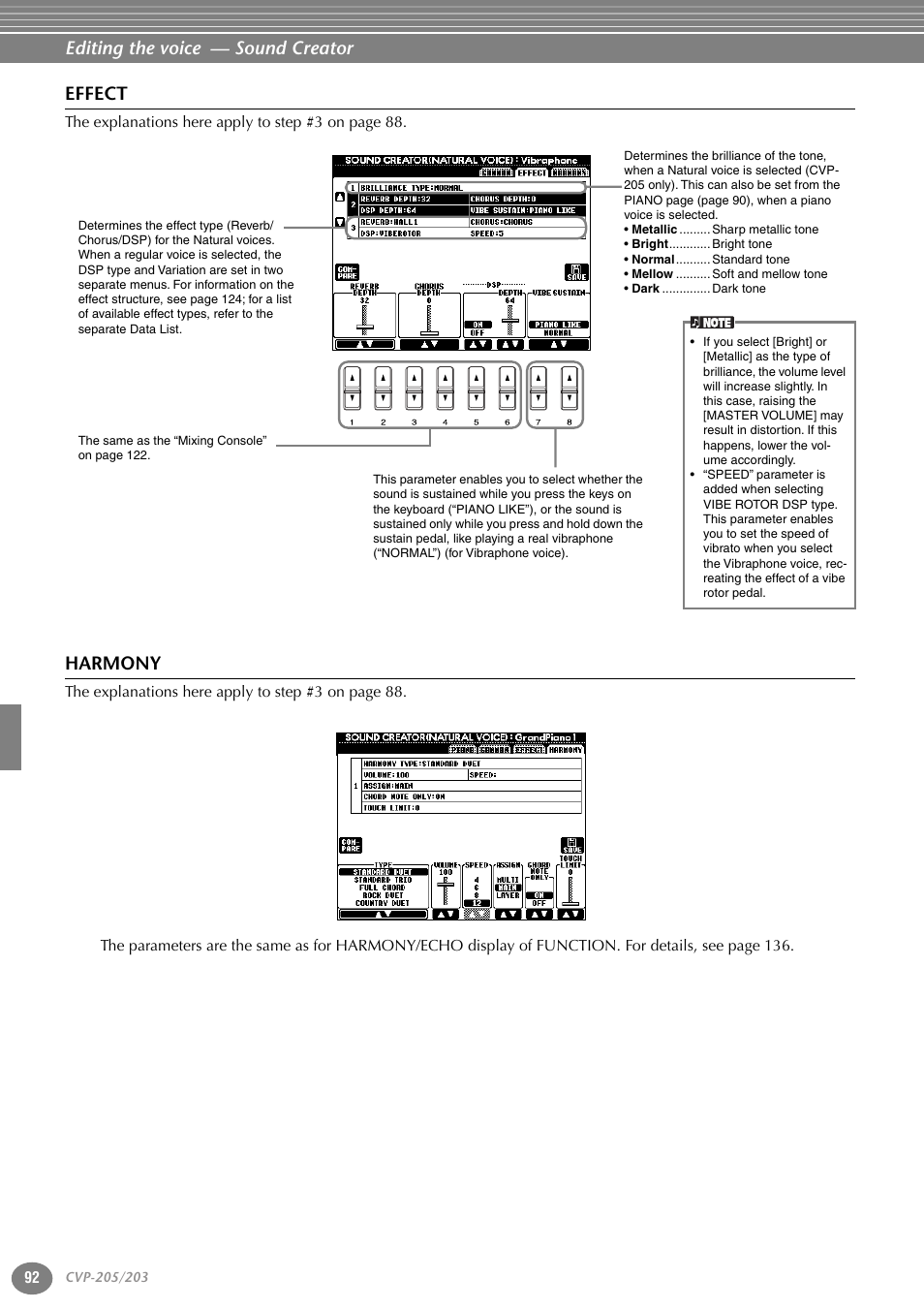 Effect, Harmony, Editing the voice — sound creator | Yamaha 205M  EN User Manual | Page 92 / 170