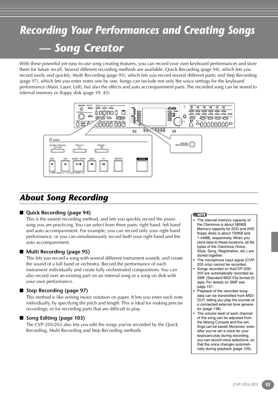 About song recording, P. 93, Quick recording (page 94) | Multi recording (page 95), Step recording (page 97), Song editing (page 103), New song, Sync.start reset, Reset, Ab c d e | Yamaha 205M  EN User Manual | Page 93 / 170