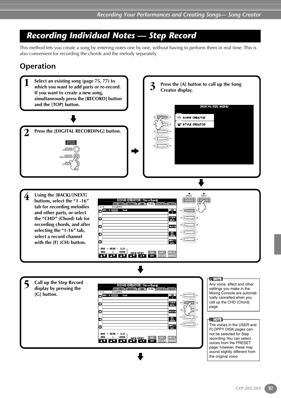 Recording individual notes — step record, Operation | Yamaha 205M  EN User Manual | Page 97 / 170