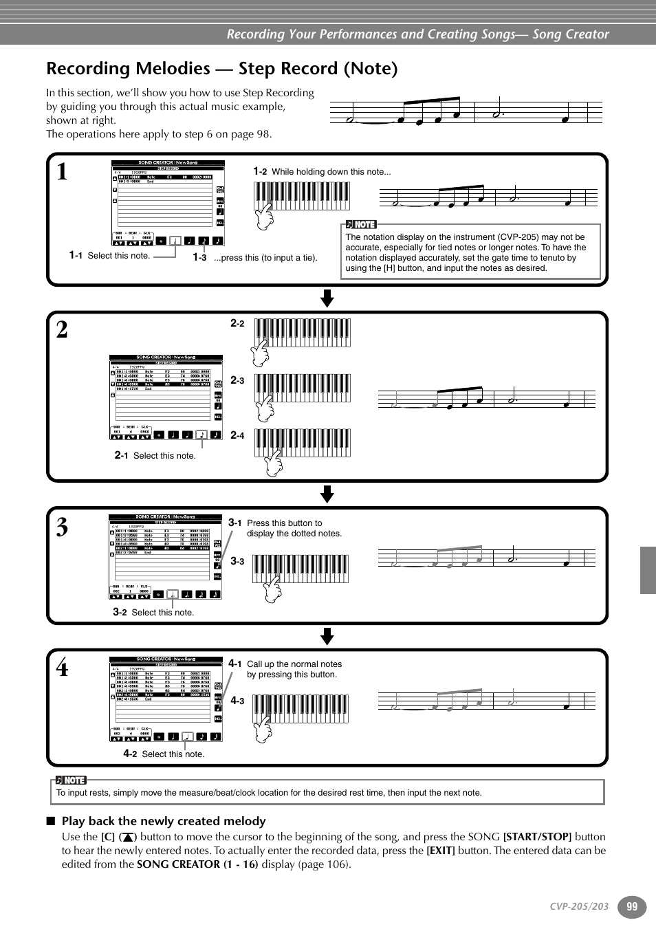 Recording melodies — step record (note), Play back the newly created melody | Yamaha 205M  EN User Manual | Page 99 / 170