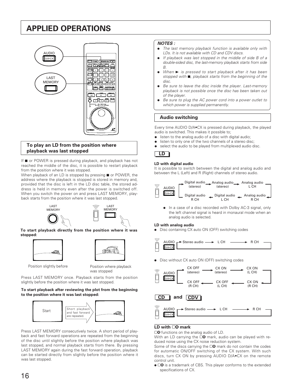 Applied operations, Audio switching ld, And cdv cd | Yamaha CDV-W901 User Manual | Page 16 / 28