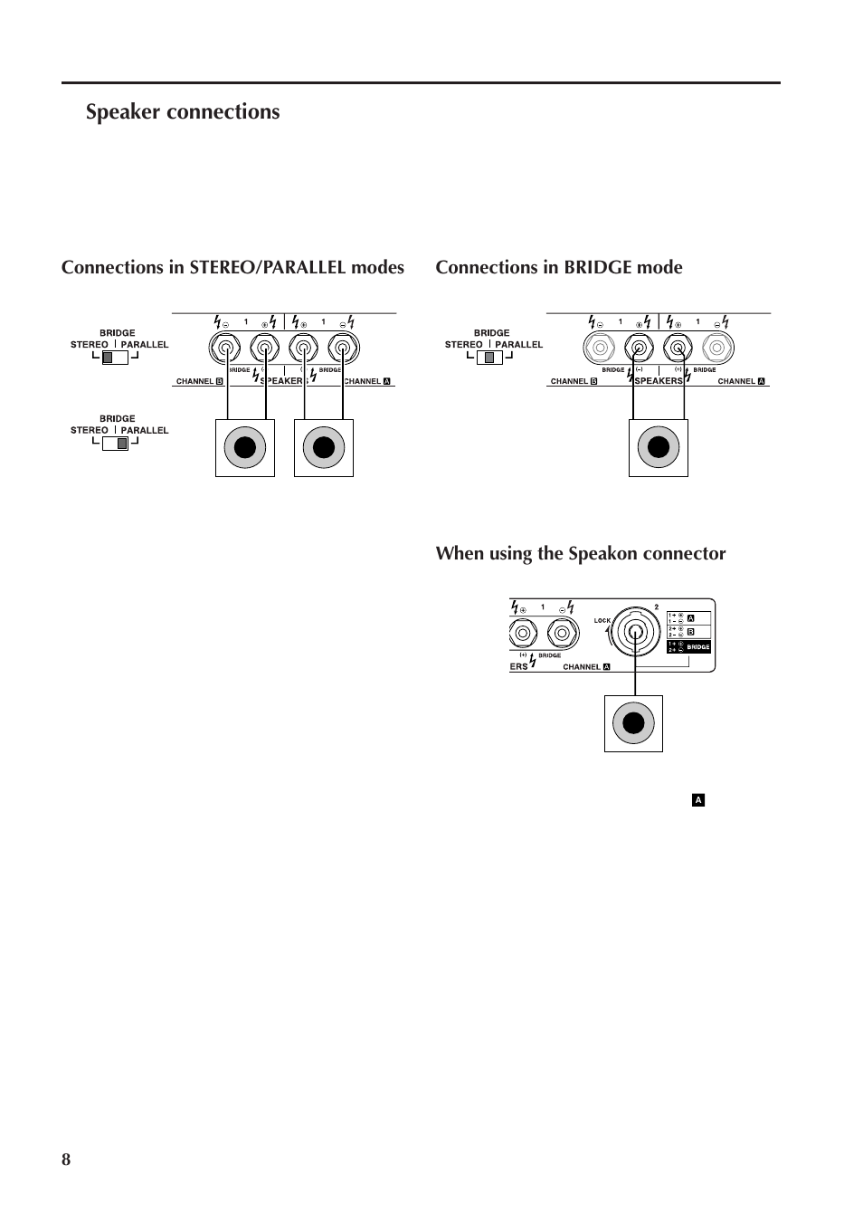 Speaker connections, Connections in bridge mode, When using the speakon connector | Connections in stereo/parallel modes | Yamaha PC4800N User Manual | Page 8 / 16