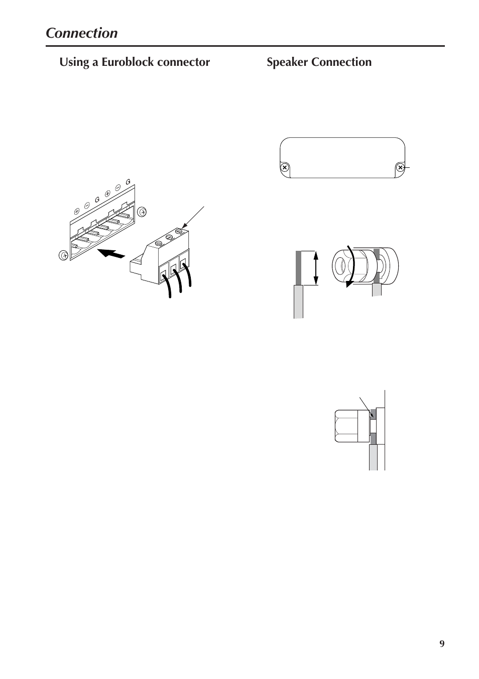 Connection, Using a euroblock connector, Speaker connection | Using a euroblock connector speaker connection | Yamaha PC4800N User Manual | Page 9 / 16