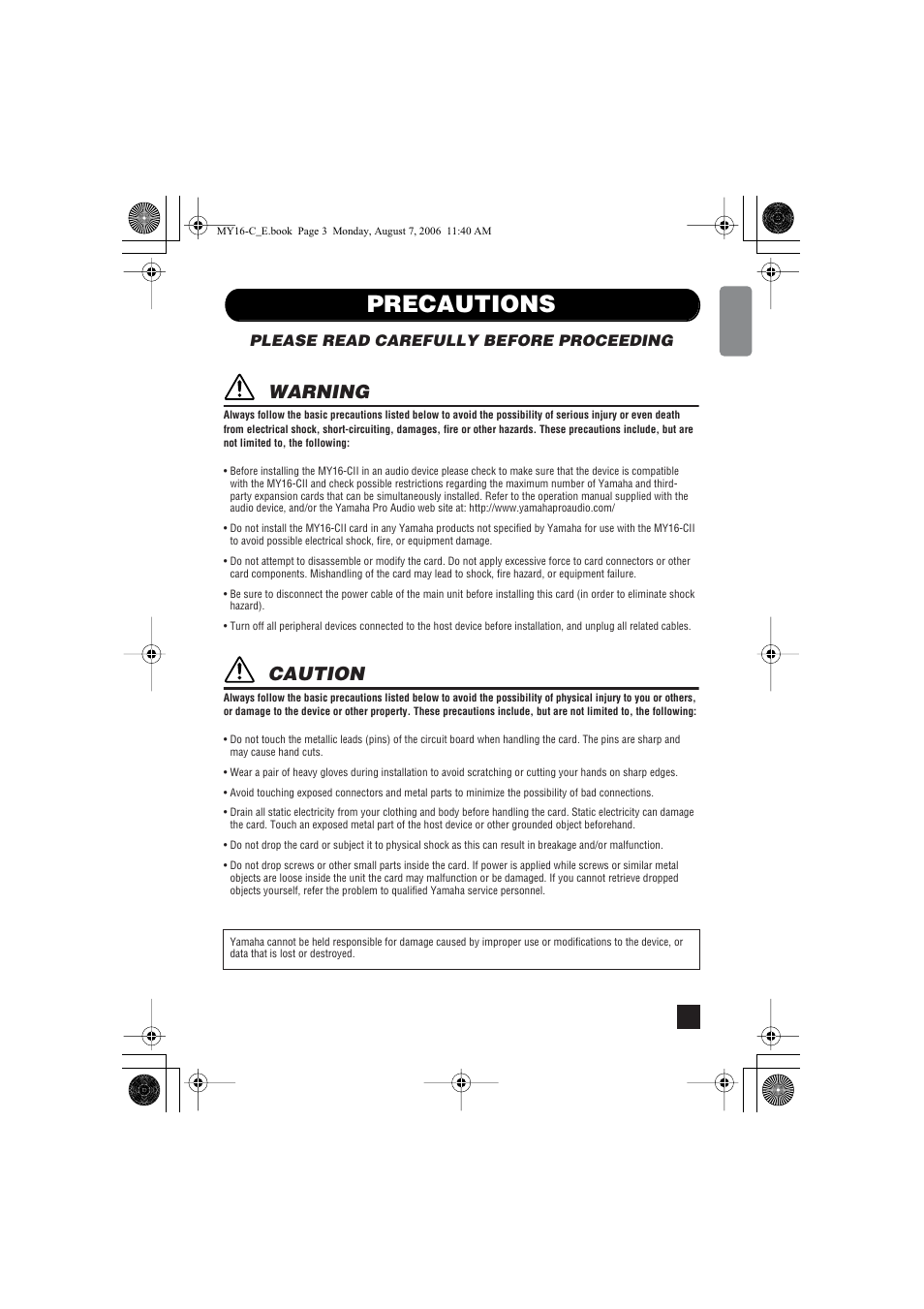 Precautions, Warning, Caution | Please read carefully before proceeding | Yamaha MY16-CII User Manual | Page 3 / 21