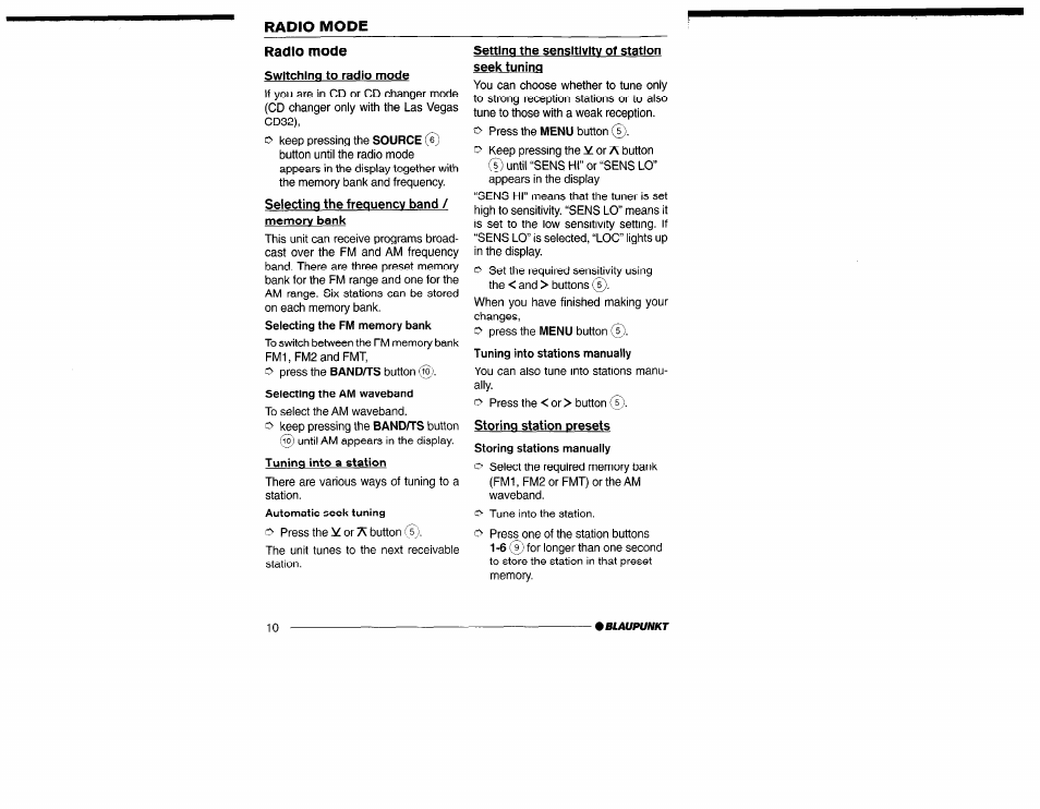 Switching to radio mode, Selecting the freouencv band / memory bank, Selecting the am waveband | Tuninq into a station, Setting the sensitivity of station seek tuning, Tuning into stations manually, Tuning into a station, Radio mode | Yamaha San Diego CD32 User Manual | Page 10 / 29