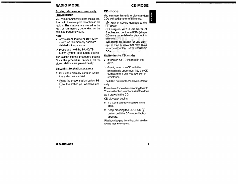 Storing stations automatically (travelstore), Listening to station presets, Storing station presets | Radio mode cd mode, Cd mode i | Yamaha San Diego CD32 User Manual | Page 11 / 29