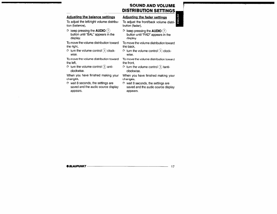 Adjusting the balance settings, Adjusting the fader settings, Sound and volume distribution settings | Yamaha San Diego CD32 User Manual | Page 17 / 29