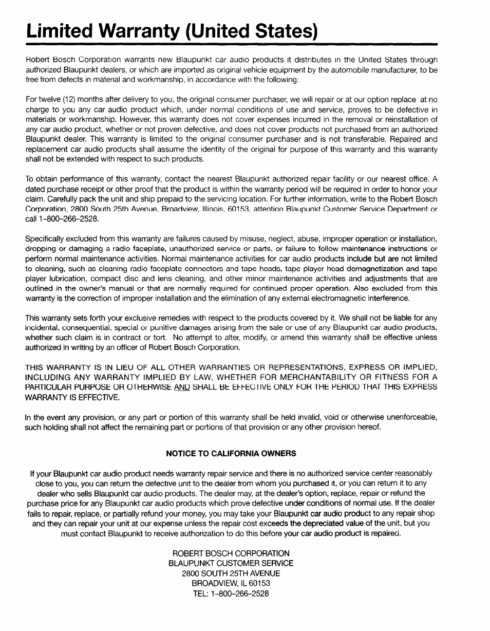 Notice to california owners, Limited warranty (united states) | Yamaha San Diego CD32 User Manual | Page 25 / 29