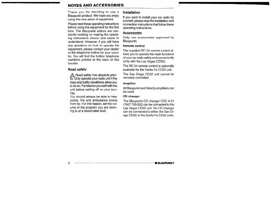 Road safety, Installation, Amplifier | Yamaha San Diego CD32 User Manual | Page 6 / 29