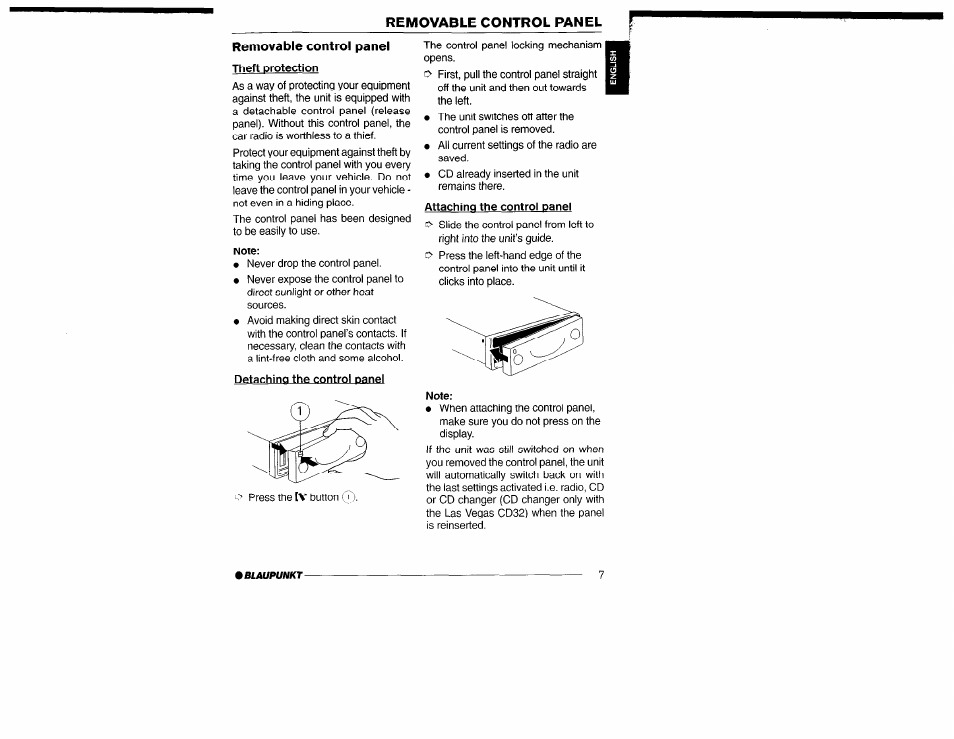 Theft protection, Note, Detaching the control panel | Attaching the control panel, Removable control panel removable control panel | Yamaha San Diego CD32 User Manual | Page 7 / 29