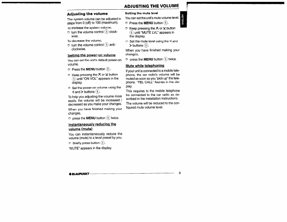 Setting the dower-on volume, Instantaneously reducing the volume (mute), Mute while telephoning | Setting the power-on volume, Adjusting the volume | Yamaha San Diego CD32 User Manual | Page 9 / 29