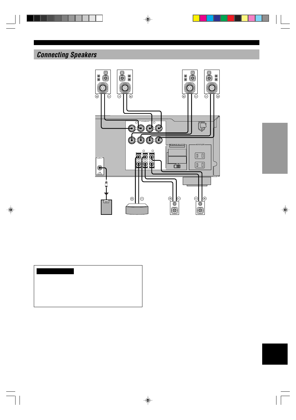 Connecting speakers, Main speaker terminals, Rear speaker terminals | Center speaker terminal, A center speaker can be connected to this terminal | Yamaha HTR-5240 User Manual | Page 19 / 63
