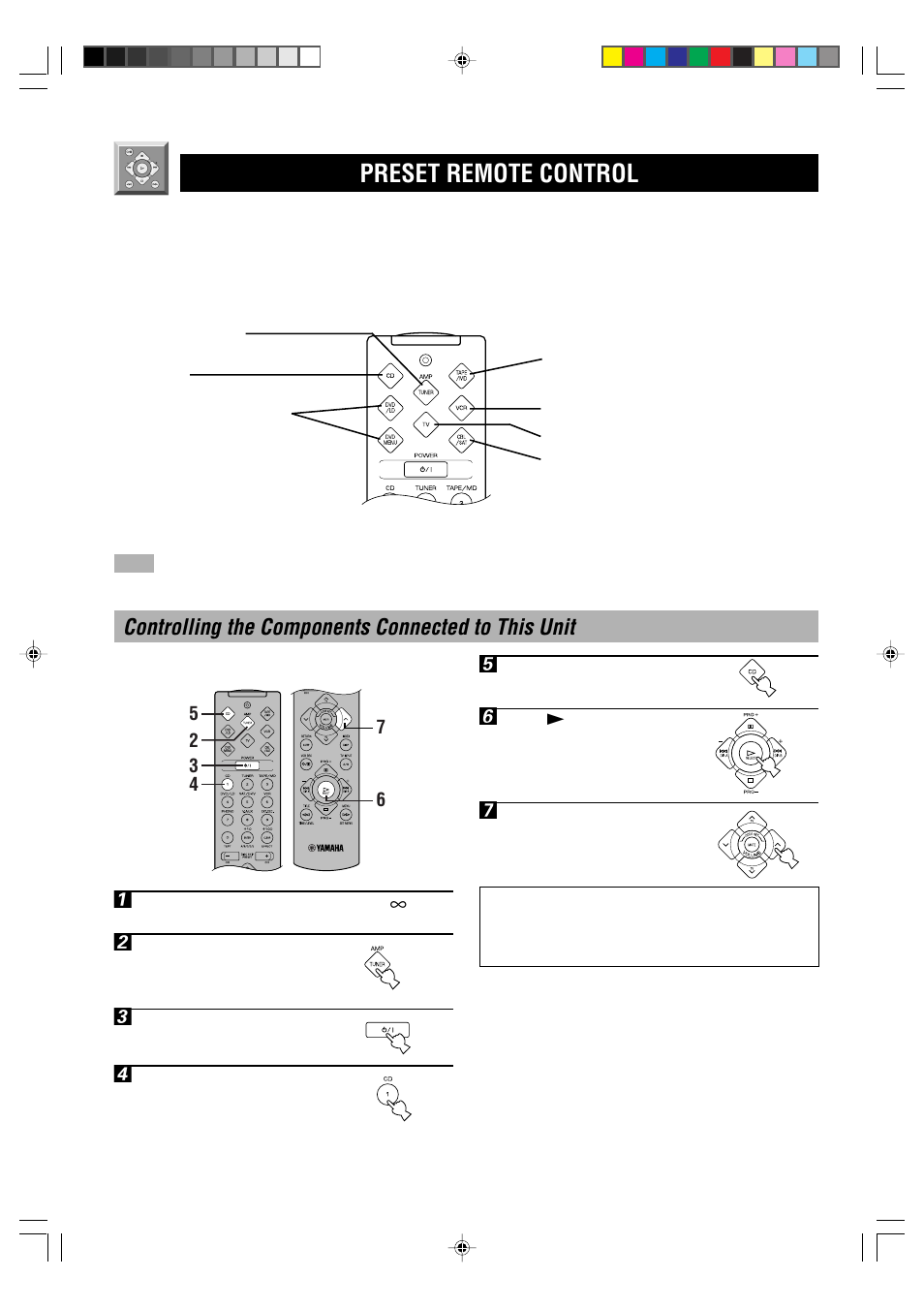 Preset remote control, Example: to control yamaha cd player | Yamaha HTR-5240 User Manual | Page 44 / 63