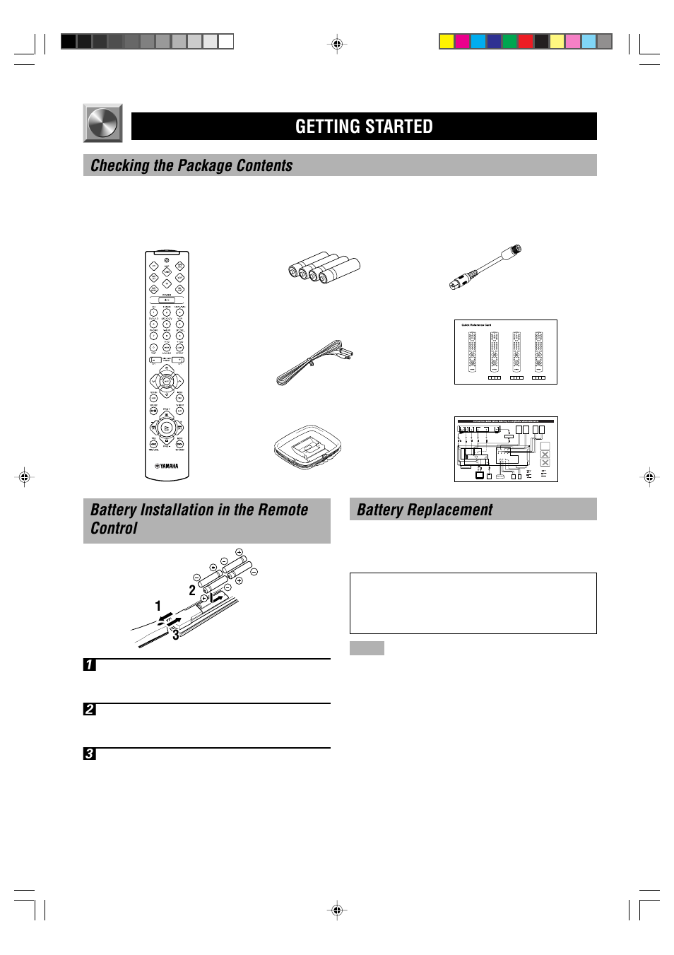 Getting started, Checking the package contents, Battery installation in the remote control 1 | Battery replacement | Yamaha HTR-5240 User Manual | Page 6 / 63