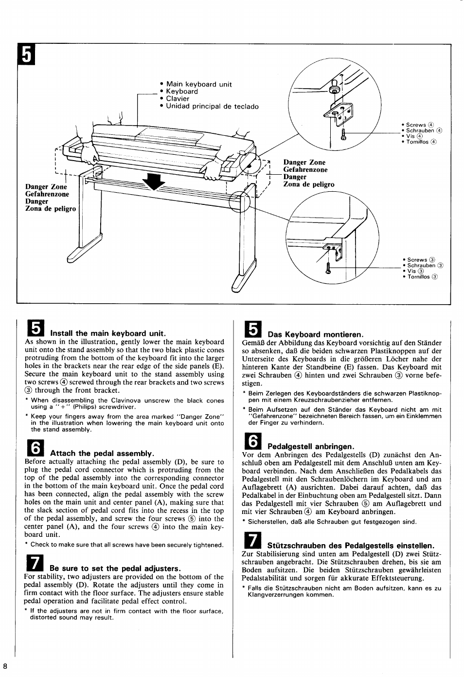 Install the main keyboard unit, Attach the pedal assembly, Be sure to set the pedal adjusters | Das keyboard montieren, Pedalgestell anbringen, Stützschrauben des pedalgestells einstellen | Yamaha Clavinova CVP-70 User Manual | Page 10 / 40