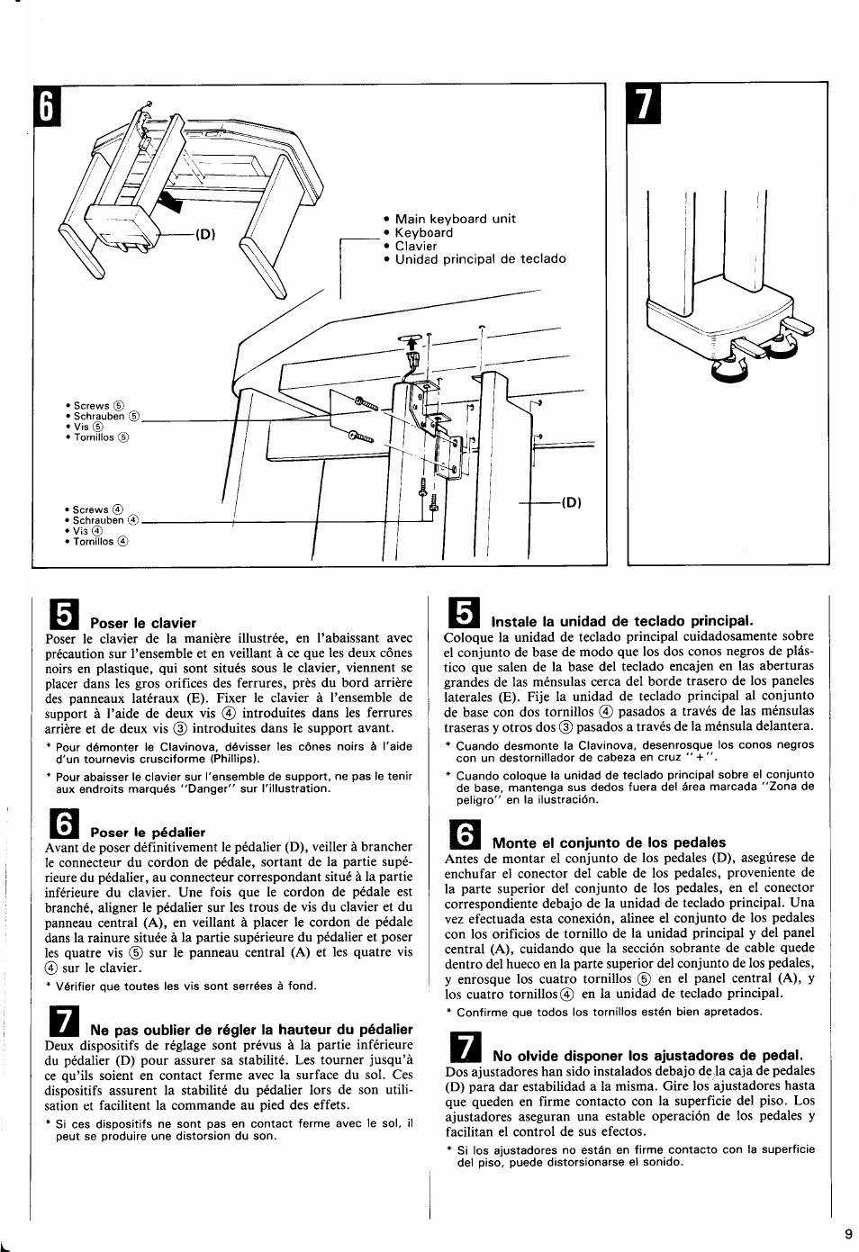 Küj poser le clavier, Poser le pédalier, Ne pas oublier de régler la hauteur du pédalier | Instale la unidad de teclado principal, Monte el conjunto de los pedales, No olvide disponer los ajustadores de pedal | Yamaha Clavinova CVP-70 User Manual | Page 11 / 40