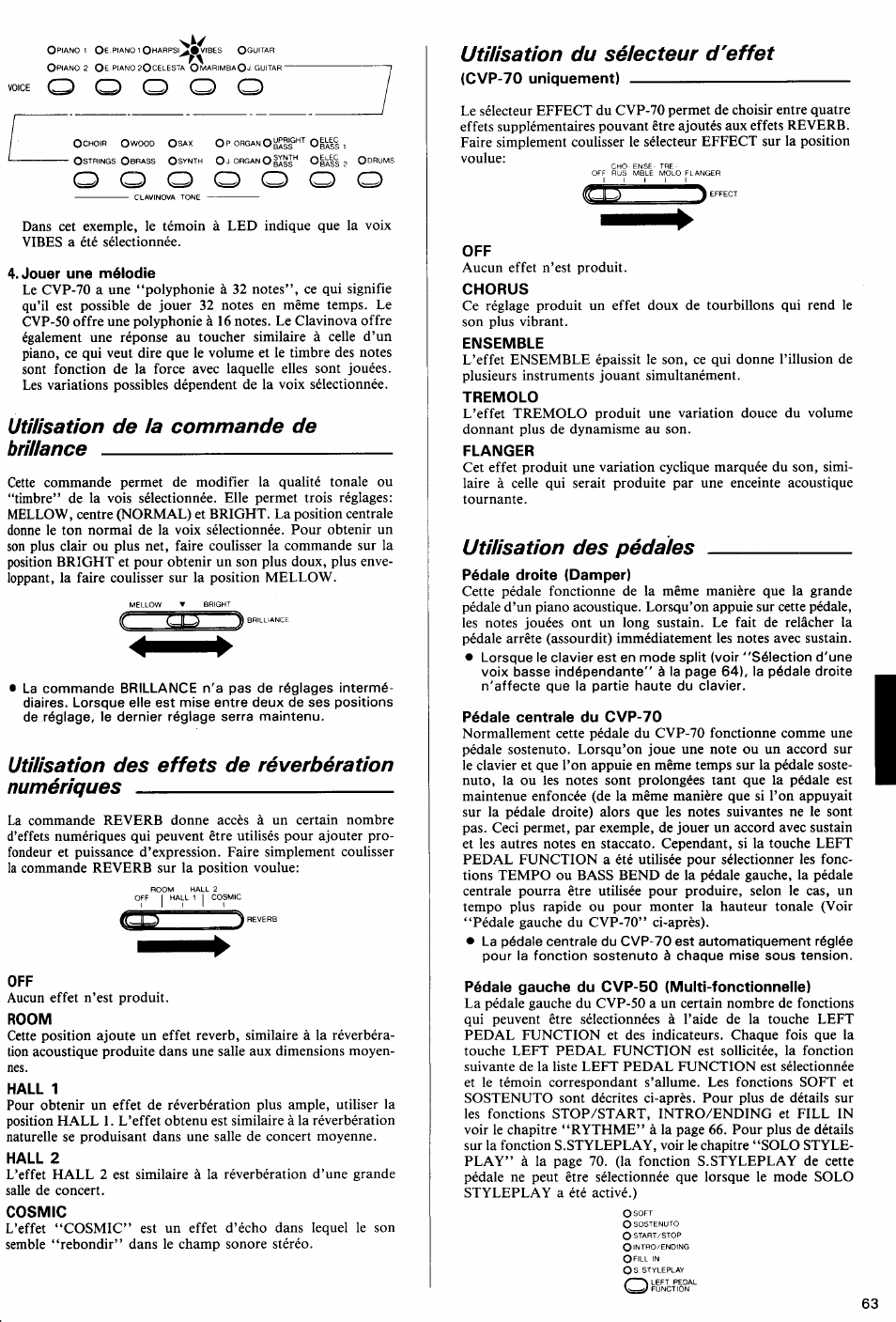 Utilisation de ia commande de brillance, Utilisation des effets de réverbération numériques, Utilisation du sélecteur d'effet | Utilisation des pédales | Yamaha Clavinova CVP-70 User Manual | Page 17 / 40