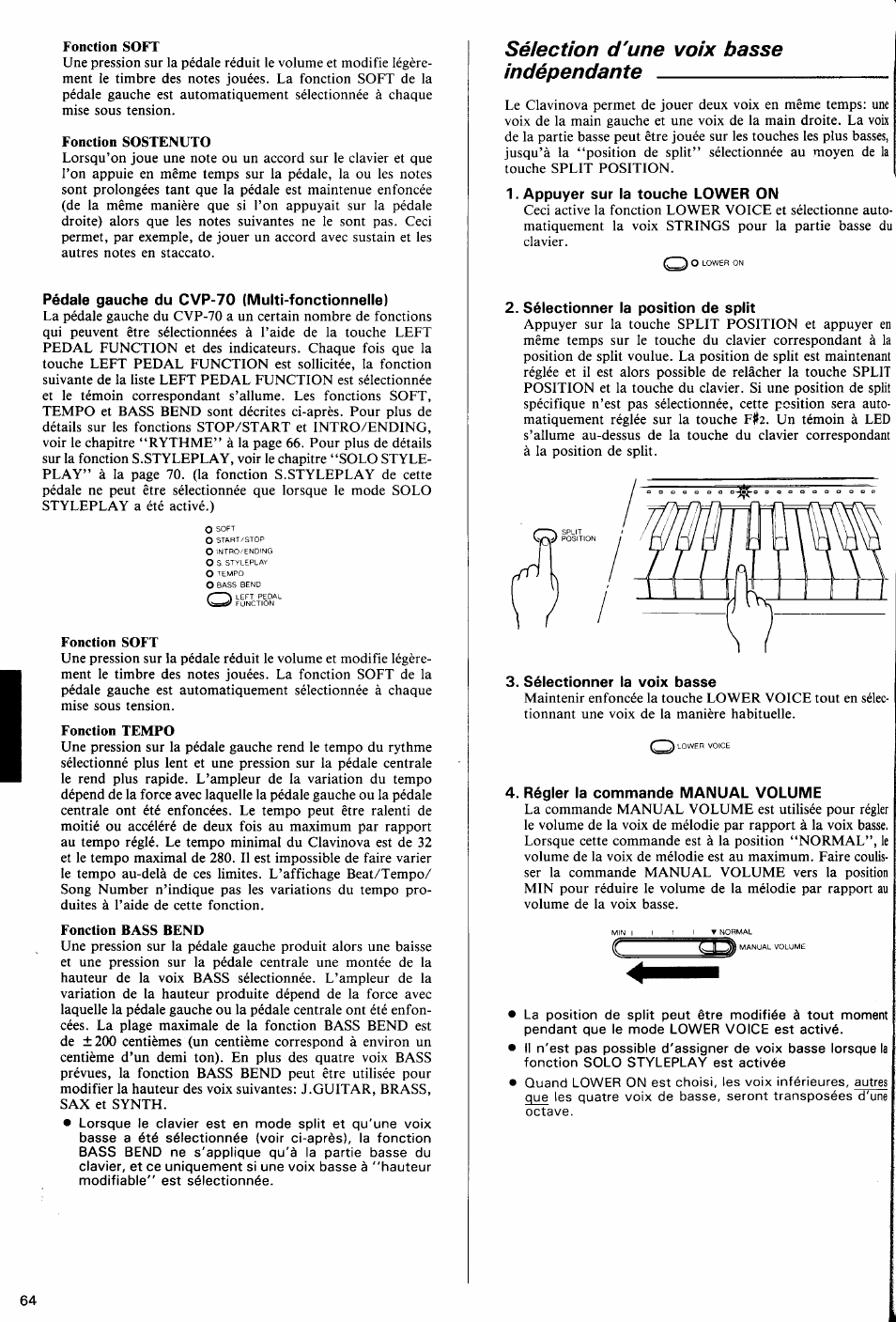 Pédale gauche du cvp-70 (multi-fonctionnelle), Sélection d'une voix basse indépendante, Appuyer sur la touche lower on | Sélectionner la position de split, Sélectionner la voix basse, Régler la commande manual volume | Yamaha Clavinova CVP-70 User Manual | Page 18 / 40