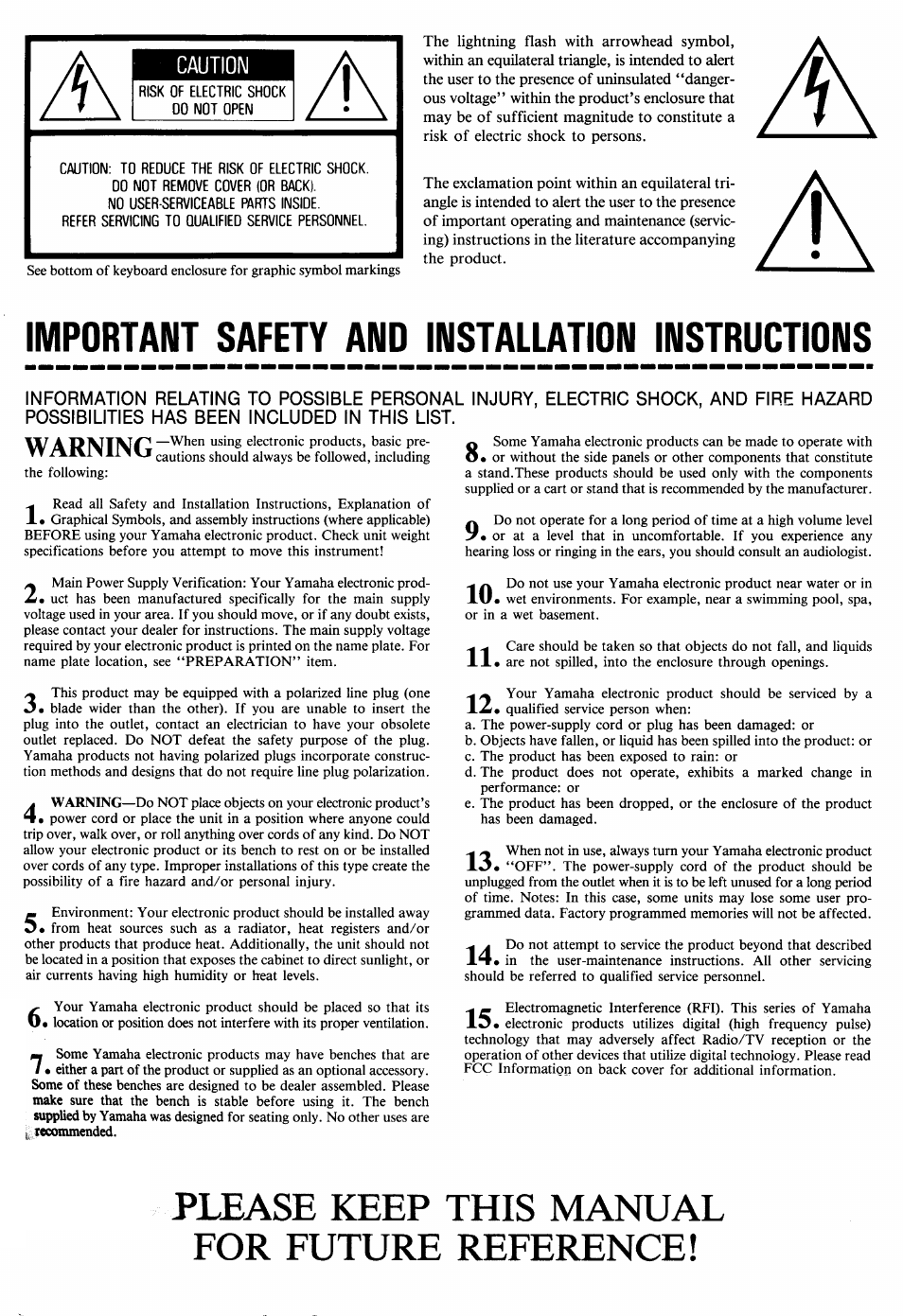 Cautiom, Important safety and installation instructions, Please keep this manual for future reference | Yamaha Clavinova CVP-70 User Manual | Page 2 / 40