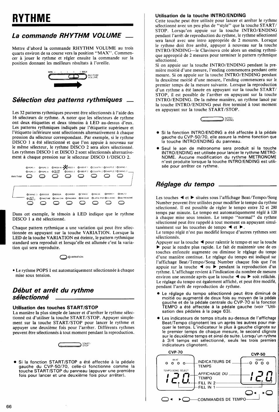 La commande rhythm volume, Sélection des patterns rythmiques, Début et arrêt du rythme sélectionné | Utilisation des touches start/stop, Utilisation de la touche intro/ending, Réglage du tempo, I 3 п i l. u, Rythme, I l. u, П# l | Yamaha Clavinova CVP-70 User Manual | Page 20 / 40
