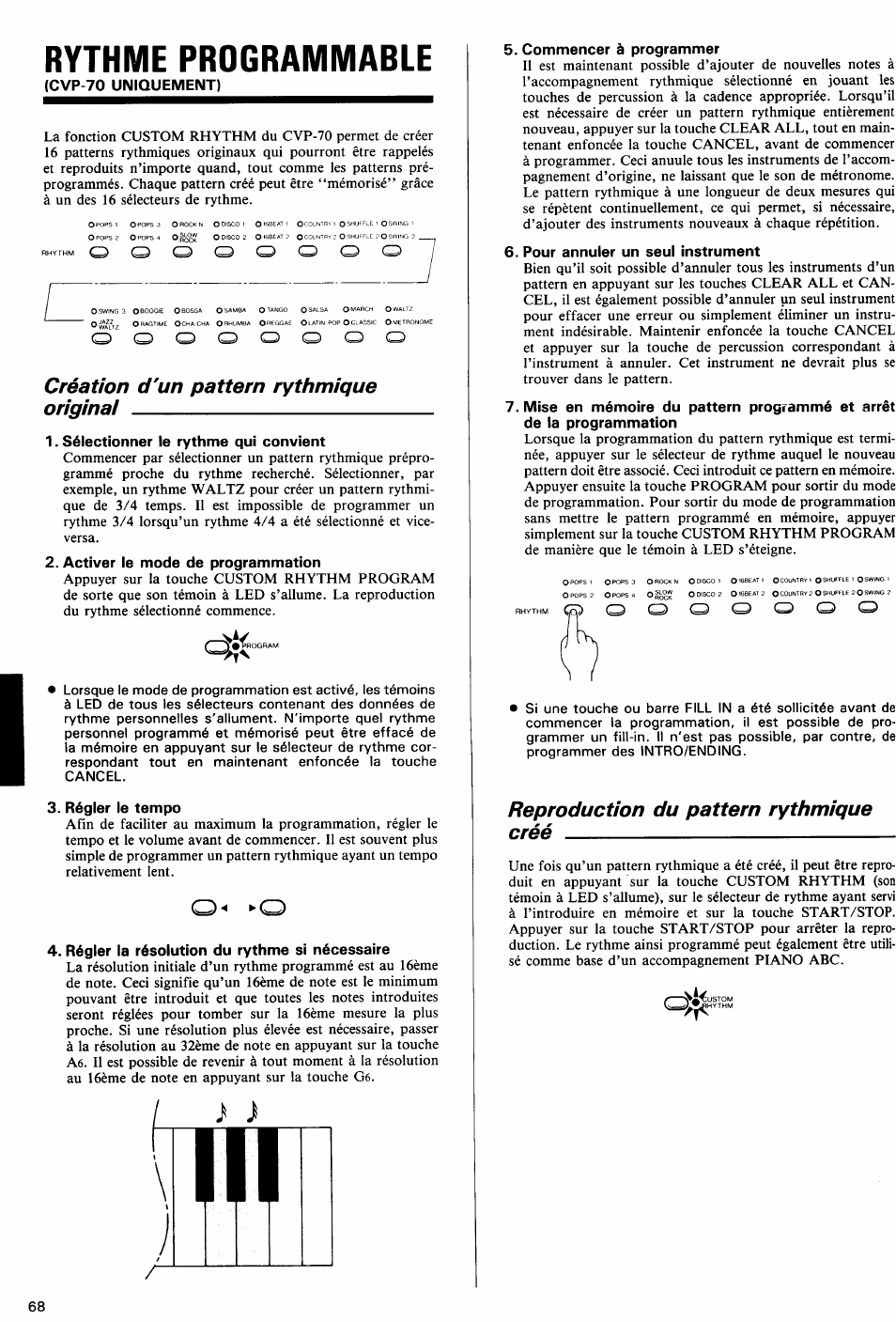 Cvp-70 uniquement), Création d'un pattern rythmique originai, Sélectionner le rythme qui convient | Activer le mode de programmation, Régler le tempo, Régler la résolution du rythme si nécessaire, Commencer à programmer, Pour annuler un seul instrument, Reproduction du pattern rythmique créé, Création d'un pattern rythmique original | Yamaha Clavinova CVP-70 User Manual | Page 22 / 40