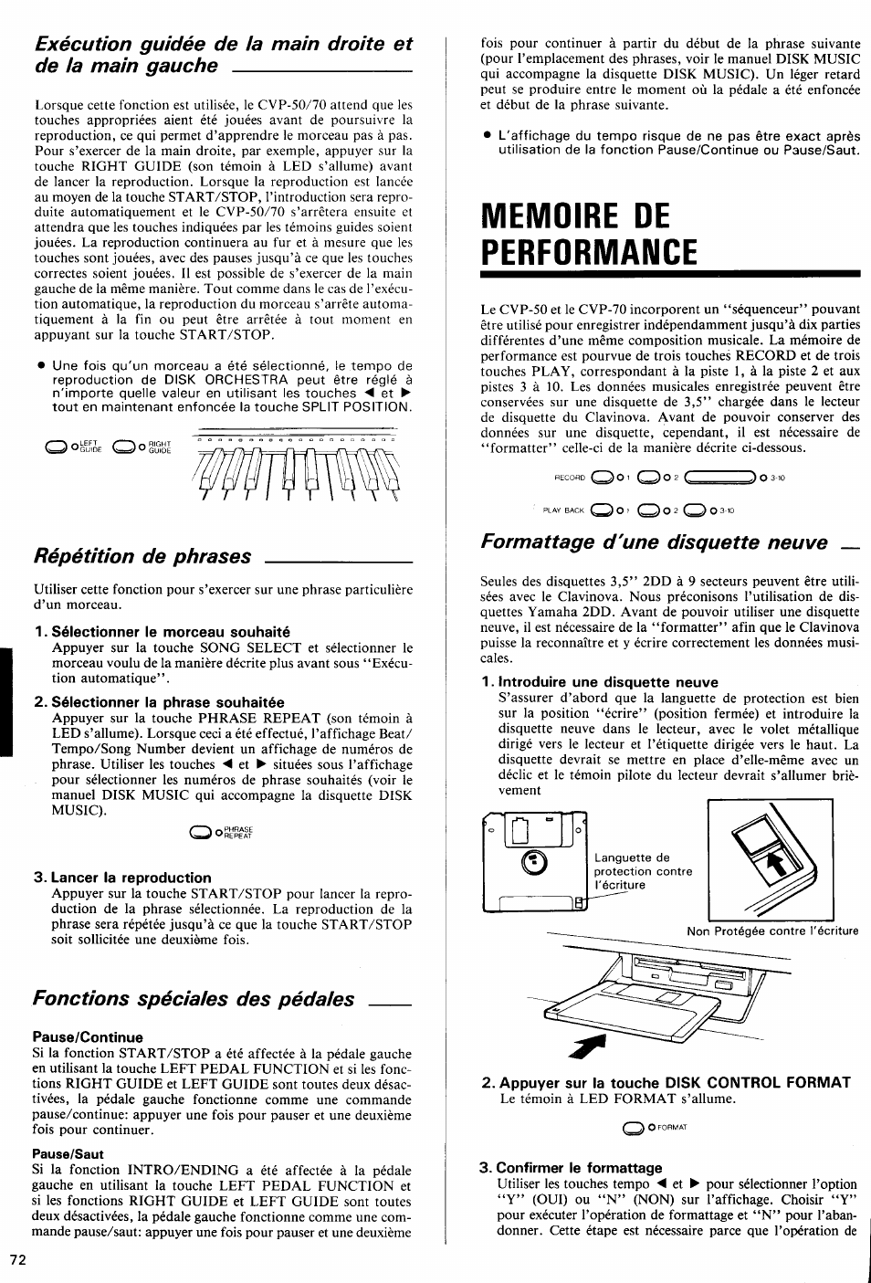 Sélectionner le morceau souhaité, Sélectionner la phrase souhaitée, Lancer la reproduction | Pause/continue, Introduire une disquette neuve, Appuyer sur la touche disk control format, Confirmer le formattage, Répétition de phrases, Fonctions spéciales des pédales, Formattage d'une disquette neuve | Yamaha Clavinova CVP-70 User Manual | Page 26 / 40