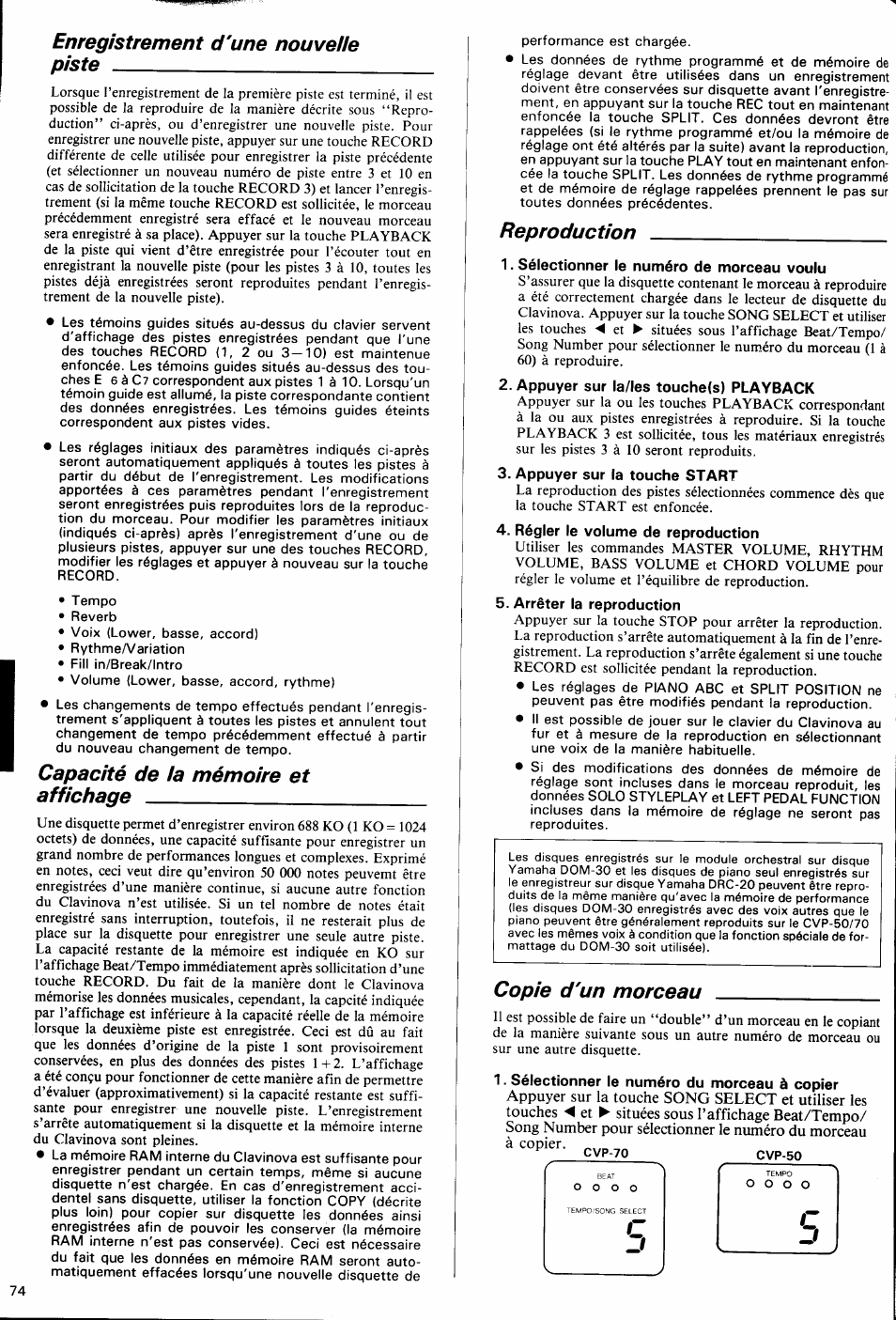 Enregistrement d'une nouvelle piste, Capacité de ia mémoire et affichage, Reproduction | Sélectionner le numéro de morceau voulu, Appuyer sur la/les touche(s) playback, Appuyer sur la touche start, Régler le volume de reproduction, Arrêter la reproduction, Copie d'un morceau, Sélectionner le numéro du morceau à copier | Yamaha Clavinova CVP-70 User Manual | Page 28 / 40