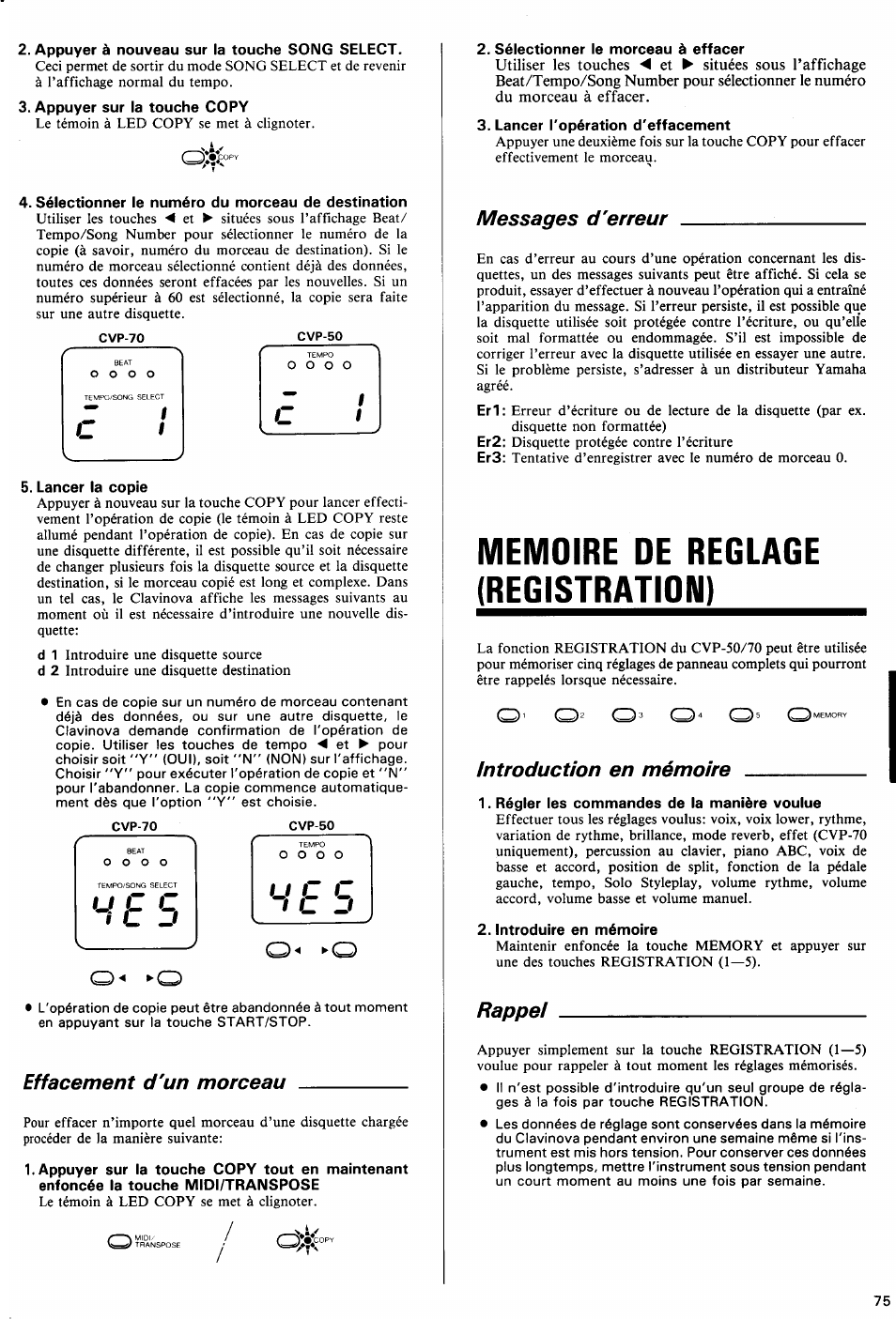 Appuyer à nouveau sur la touche soimg select, Appuyer sur la touche copy, Sélectionner le numéro du morceau de destination | Lancer la copie, U jl l, I < i, Effacement d'un morceau, Sélectionner le morceau à effacer, Lancer l'opération d'effacement, Messages d'erreur | Yamaha Clavinova CVP-70 User Manual | Page 29 / 40