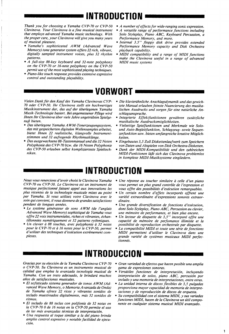 Introduction, Vorwort, Introduccion | Yamaha Clavinova CVP-70 User Manual | Page 3 / 40