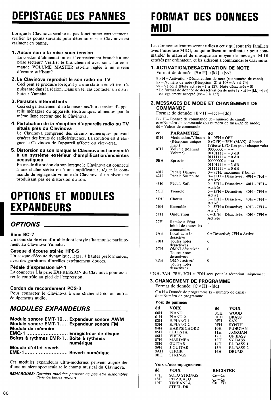 Aucun son à la mise sous tension, Le clavinova reproduit le son radio ou tv, Parasites intermittents | Banc bc-7, Cordon de raccordement pcs-3, Module sonore emt-10... expandeur sonore awm, Activation/desactivation de note, Messages de mode et changement de commande, Changement de programme, Depistage des pannes | Yamaha Clavinova CVP-70 User Manual | Page 34 / 40