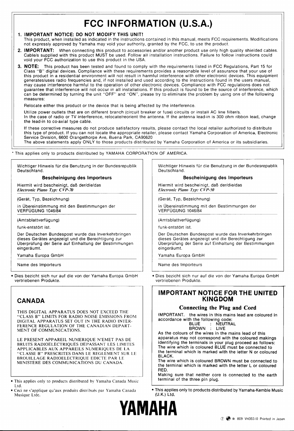 Fcc information (u.s.a.), Canada, Important notice for the united kingdom | Yamaha | Yamaha Clavinova CVP-70 User Manual | Page 40 / 40