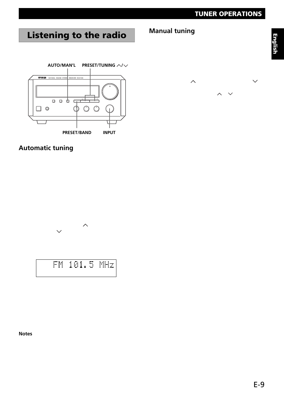 Tuner operations, Listening to the radio, Tuner operations automatic tuning 1 | Manual tuning 1, English | Yamaha RX-E100 User Manual | Page 13 / 30
