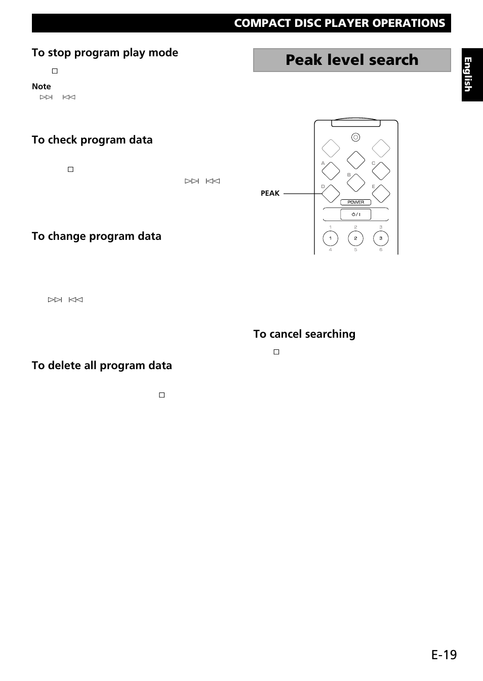 Peak level search, E-19, Compact disc player operations | Yamaha RX-E100 User Manual | Page 23 / 30