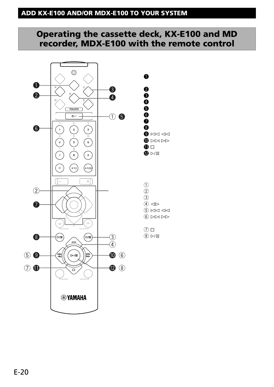 Add kx-e100 and/or mdx-e100 to your system, E-20 | Yamaha RX-E100 User Manual | Page 24 / 30